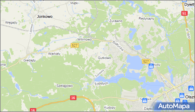 mapa Gutkowo gmina Jonkowo, Gutkowo gmina Jonkowo na mapie Targeo