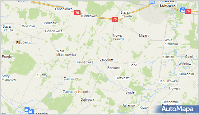 mapa Jagodne gmina Stoczek Łukowski, Jagodne gmina Stoczek Łukowski na mapie Targeo
