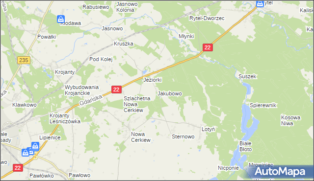 mapa Jakubowo gmina Chojnice, Jakubowo gmina Chojnice na mapie Targeo