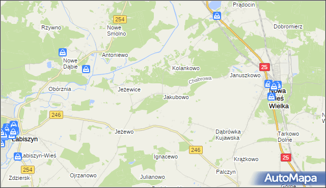 mapa Jakubowo gmina Nowa Wieś Wielka, Jakubowo gmina Nowa Wieś Wielka na mapie Targeo
