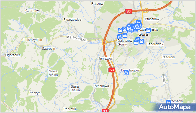 mapa Janiszów gmina Kamienna Góra, Janiszów gmina Kamienna Góra na mapie Targeo