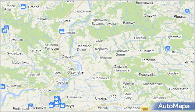 mapa Janowice gmina Pleśna, Janowice gmina Pleśna na mapie Targeo