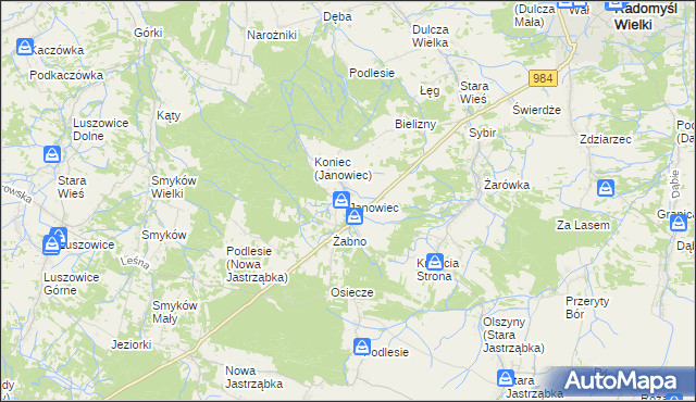 mapa Janowiec gmina Radomyśl Wielki, Janowiec gmina Radomyśl Wielki na mapie Targeo