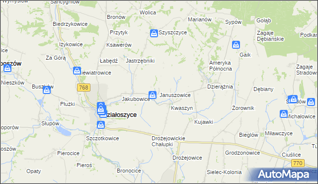 mapa Januszowice gmina Działoszyce, Januszowice gmina Działoszyce na mapie Targeo