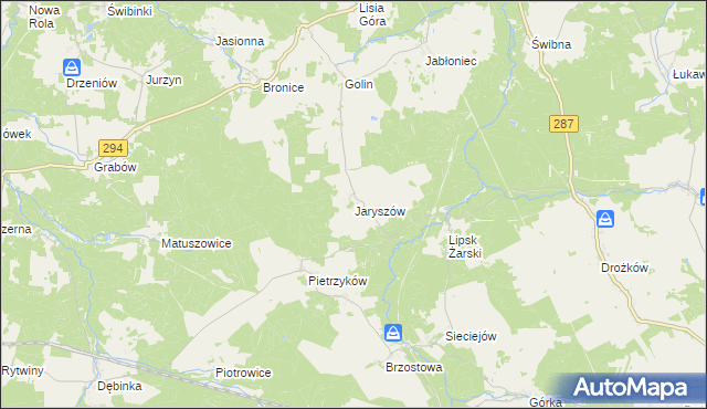 mapa Jaryszów gmina Jasień, Jaryszów gmina Jasień na mapie Targeo