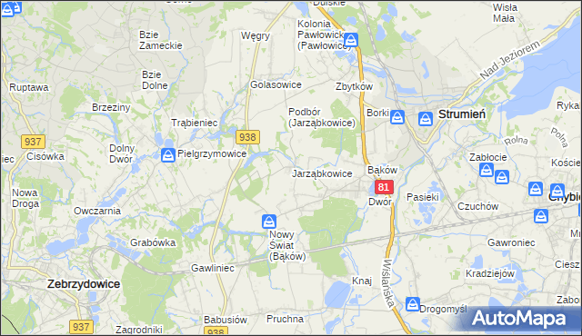 mapa Jarząbkowice gmina Pawłowice, Jarząbkowice gmina Pawłowice na mapie Targeo