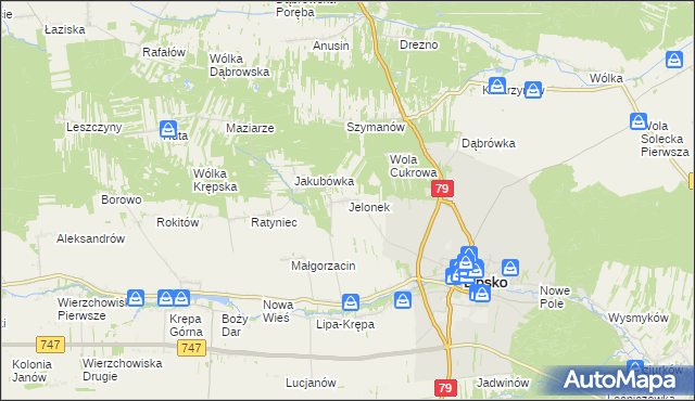 mapa Jelonek gmina Lipsko, Jelonek gmina Lipsko na mapie Targeo