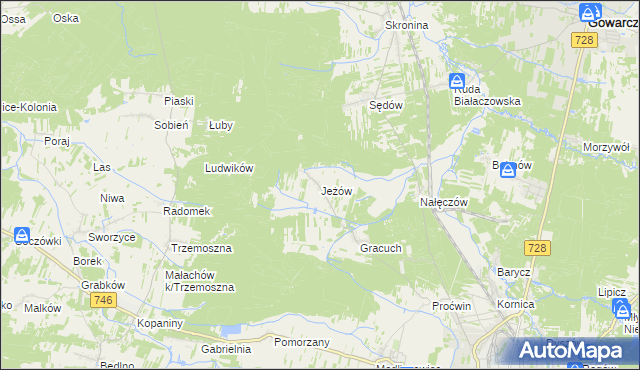 mapa Jeżów gmina Końskie, Jeżów gmina Końskie na mapie Targeo