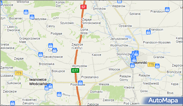 mapa Kacice gmina Słomniki, Kacice gmina Słomniki na mapie Targeo