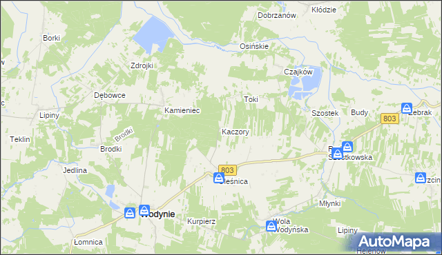 mapa Kaczory gmina Wodynie, Kaczory gmina Wodynie na mapie Targeo