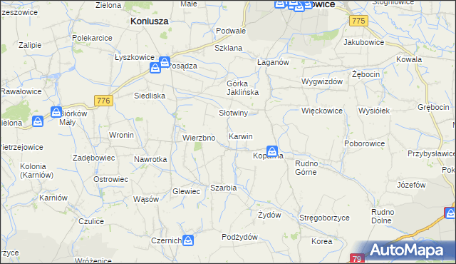 mapa Karwin gmina Koniusza, Karwin gmina Koniusza na mapie Targeo