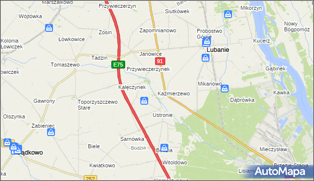 mapa Kaźmierzewo gmina Lubanie, Kaźmierzewo gmina Lubanie na mapie Targeo