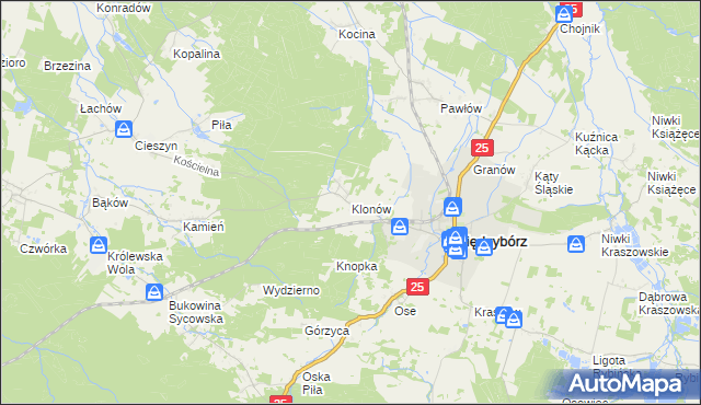 mapa Klonów gmina Międzybórz, Klonów gmina Międzybórz na mapie Targeo