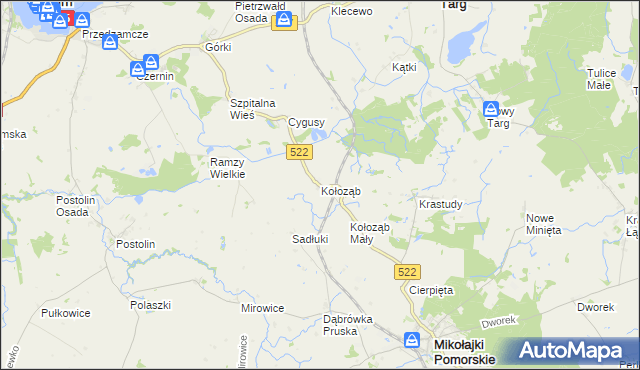 mapa Kołoząb gmina Mikołajki Pomorskie, Kołoząb gmina Mikołajki Pomorskie na mapie Targeo