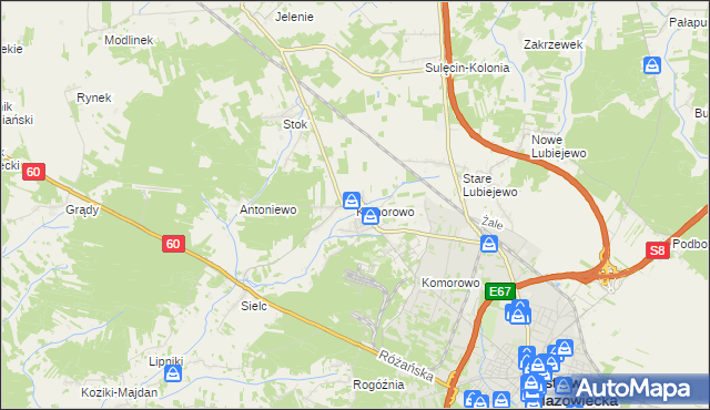 mapa Komorowo gmina Ostrów Mazowiecka, Komorowo gmina Ostrów Mazowiecka na mapie Targeo