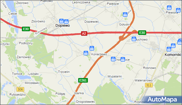 mapa Konarzewo gmina Dopiewo, Konarzewo gmina Dopiewo na mapie Targeo