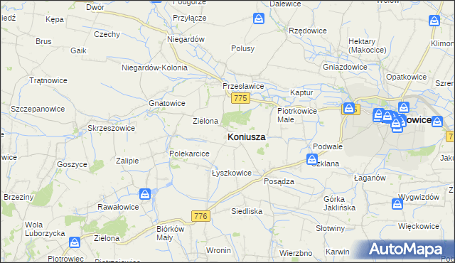 mapa Koniusza powiat proszowicki, Koniusza powiat proszowicki na mapie Targeo