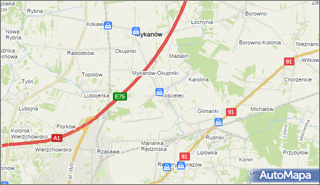 mapa Kościelec gmina Rędziny, Kościelec gmina Rędziny na mapie Targeo