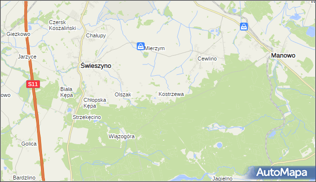 mapa Kostrzewa gmina Manowo, Kostrzewa gmina Manowo na mapie Targeo