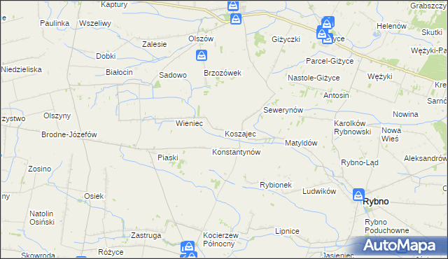 mapa Koszajec gmina Rybno, Koszajec gmina Rybno na mapie Targeo