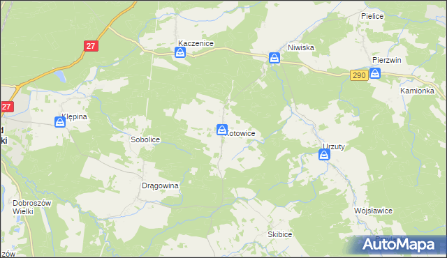 mapa Kotowice gmina Nowogród Bobrzański, Kotowice gmina Nowogród Bobrzański na mapie Targeo