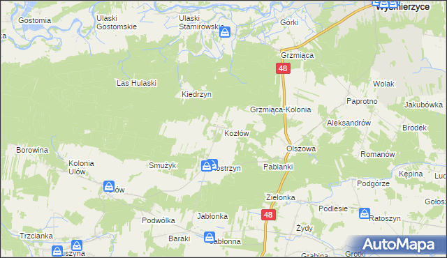 mapa Kozłów gmina Wyśmierzyce, Kozłów gmina Wyśmierzyce na mapie Targeo