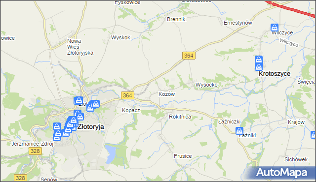 mapa Kozów gmina Złotoryja, Kozów gmina Złotoryja na mapie Targeo