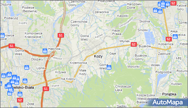 mapa Kozy powiat bielski, Kozy powiat bielski na mapie Targeo
