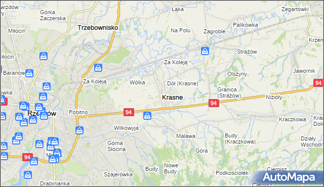 mapa Krasne powiat rzeszowski, Krasne powiat rzeszowski na mapie Targeo