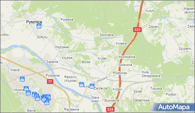 mapa Krzaki gmina Pysznica, Krzaki gmina Pysznica na mapie Targeo