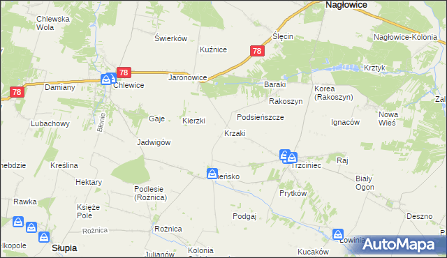 mapa Krzaki gmina Słupia, Krzaki gmina Słupia na mapie Targeo