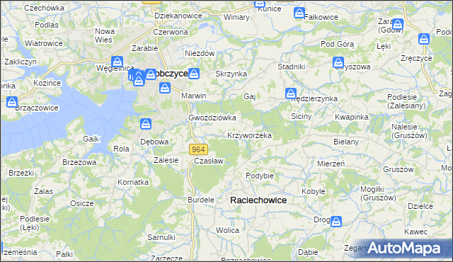 mapa Krzyworzeka gmina Raciechowice, Krzyworzeka gmina Raciechowice na mapie Targeo