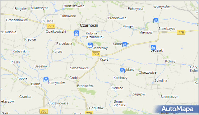 mapa Krzyż gmina Czarnocin, Krzyż gmina Czarnocin na mapie Targeo