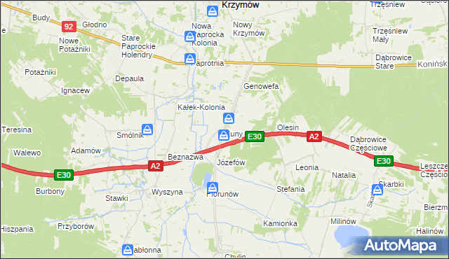 mapa Kuny gmina Władysławów, Kuny gmina Władysławów na mapie Targeo