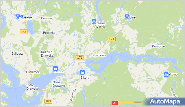 mapa Kuszewo gmina Czaplinek, Kuszewo gmina Czaplinek na mapie Targeo