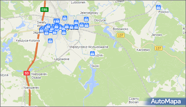 mapa Kuźnik gmina Międzyrzecz, Kuźnik gmina Międzyrzecz na mapie Targeo