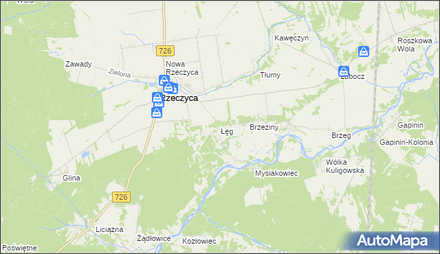 mapa Łęg gmina Rzeczyca, Łęg gmina Rzeczyca na mapie Targeo