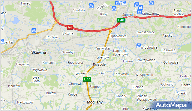 mapa Libertów gmina Mogilany, Libertów gmina Mogilany na mapie Targeo