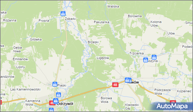 mapa Ligęzów gmina Klwów, Ligęzów gmina Klwów na mapie Targeo