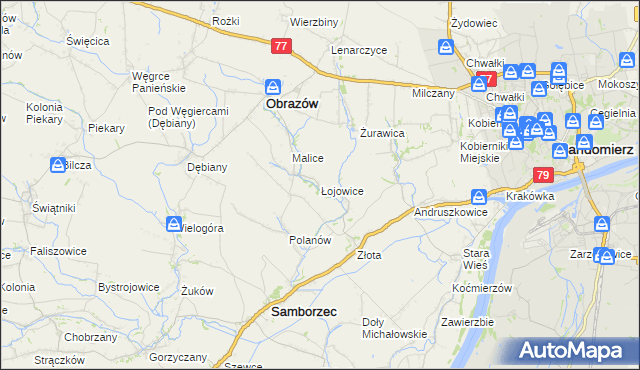 mapa Łojowice gmina Samborzec, Łojowice gmina Samborzec na mapie Targeo