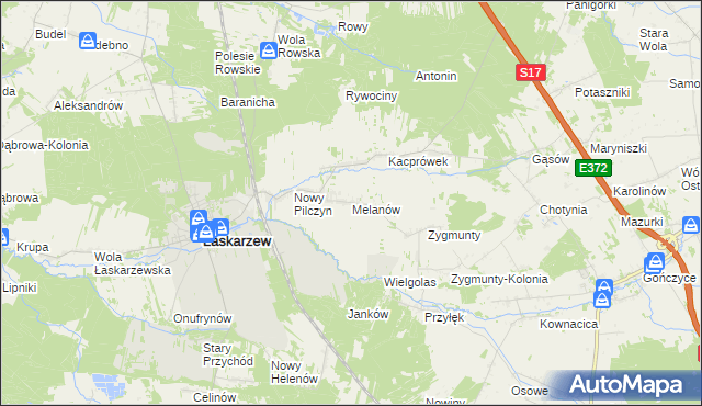 mapa Melanów gmina Łaskarzew, Melanów gmina Łaskarzew na mapie Targeo