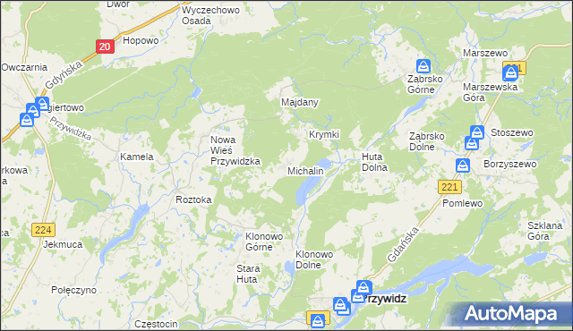 mapa Michalin gmina Przywidz, Michalin gmina Przywidz na mapie Targeo