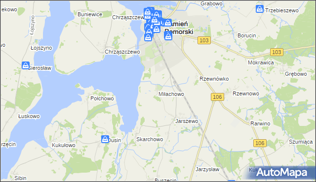 mapa Miłachowo gmina Kamień Pomorski, Miłachowo gmina Kamień Pomorski na mapie Targeo