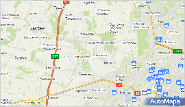 mapa Milejowice gmina Zakrzew, Milejowice gmina Zakrzew na mapie Targeo