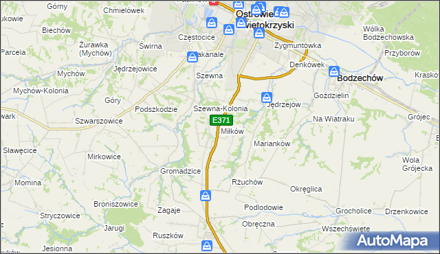 mapa Miłków gmina Bodzechów, Miłków gmina Bodzechów na mapie Targeo