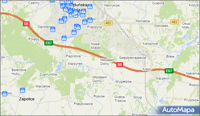 mapa Młodawin Dolny, Młodawin Dolny na mapie Targeo