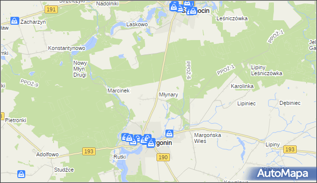mapa Młynary gmina Margonin, Młynary gmina Margonin na mapie Targeo