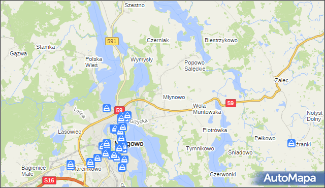 mapa Młynowo gmina Mrągowo, Młynowo gmina Mrągowo na mapie Targeo