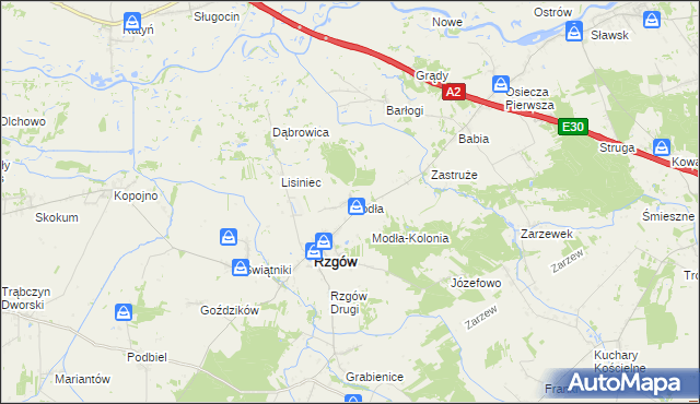 mapa Modła gmina Rzgów, Modła gmina Rzgów na mapie Targeo