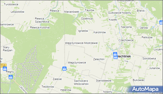 mapa Modrzewek gmina Żelechlinek, Modrzewek gmina Żelechlinek na mapie Targeo
